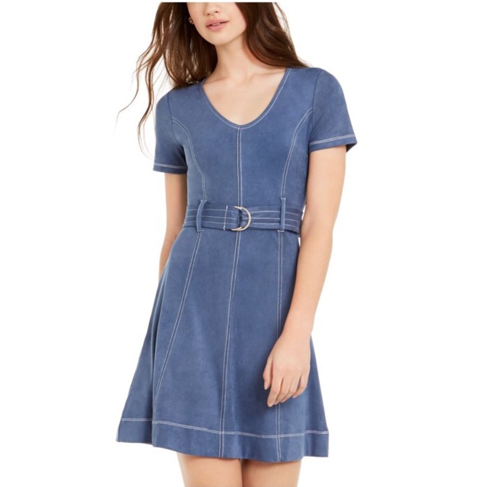 BLUE BELTED FAUX-SUEDE DRESS
